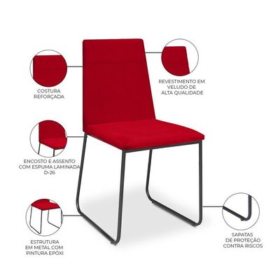 Kit 4 Cadeiras De Jantar Cozinha Industrial Lexa Veludo Élpis Móveis Vermelho Preta