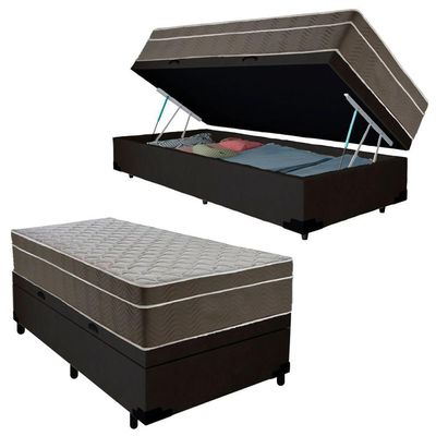 Cama Box Baú Suede Solteiro + Colchão Serene Molas Ensacadas 88x188x69 Preto
