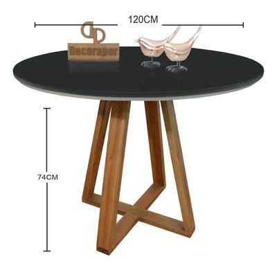 Mesa Jantar Base X Tampo Redondo Laca Com Vidro 120cm Preto