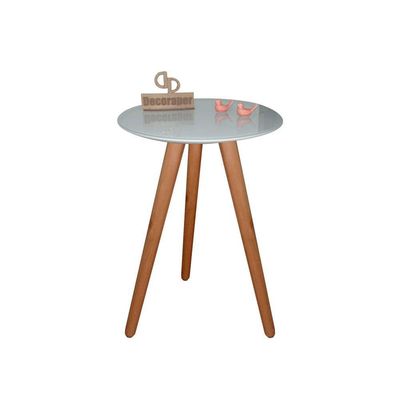 Mesa De Canto Pés Palito Amadeirado Com Tampo Vidro 35cm Off White 60cm