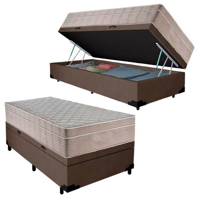 Cama Box Baú Suede Solteiro + Colchão Serene Molas Ensacadas 88x188x69 Marrom