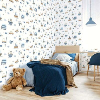 Papel De Parede De Transportes - G78416 Azul E Marrom Tiny Tots 2 - G78416