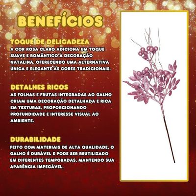 Galho Grande Folhas E Frutas Rosa Claro Natal - 1 Unidade