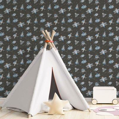 Papel De Parede Nave Espacial G78410 Preto Colorido E Gliter Tiny Tots 2 - G78410