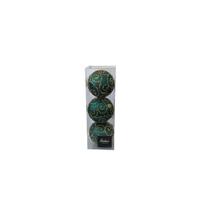 Conjunto Com 03 Bolas Verde Com Glitter Dourado Arabesco 10cm Ht9203 - Linha Christmas Premium