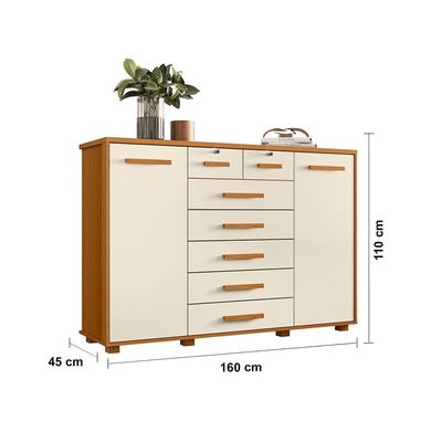 Cômoda Palumoveis Fontana com 7 Gavetas e 2 Portas 160cm de Largura Cinamomo/Off White