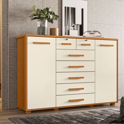 Cômoda Palumoveis Fontana com 7 Gavetas e 2 Portas 160cm de Largura Cinamomo/Off White