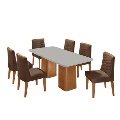 Mesa De Jantar Eloise Tampo Mdf Vidro Com 6 Cadeiras Moderna Veludo Marrom/off White/naturale