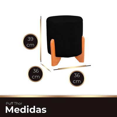 Puff Thor Luxo Madeira Maciça Redondo Suede Preto