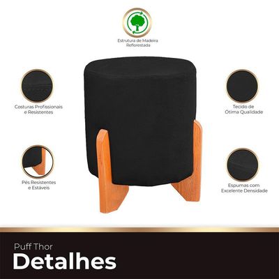 Puff Thor Luxo Madeira Maciça Redondo Suede Preto