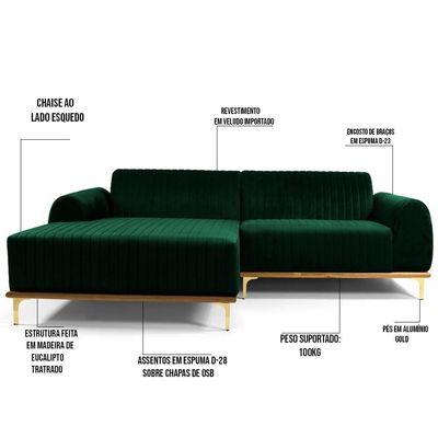 Sofá 230cm 4 Lugares com Chaise Esquerdo Pés Gold Molino C-303 Veludo Verde Musgo - Domi