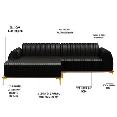 Sofá 230cm 4 Lugares com Chaise Esquerdo Pés Gold Molino B-159 Corano Preto - Domi