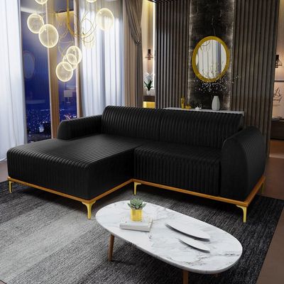 Sofá 230cm 4 Lugares com Chaise Esquerdo Pés Gold Molino B-159 Corano Preto - Domi