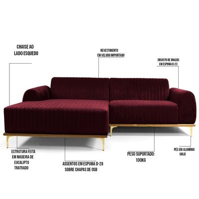 Sofá 350cm 6 Lugares com Chaise Esquerdo Pés Gold Molino C-278 Veludo Marsala - Domi