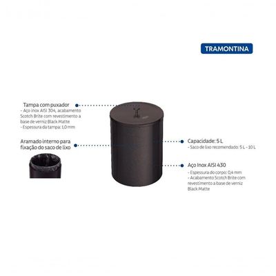 Lixeira Tramontina 5l Black Matte 94540084