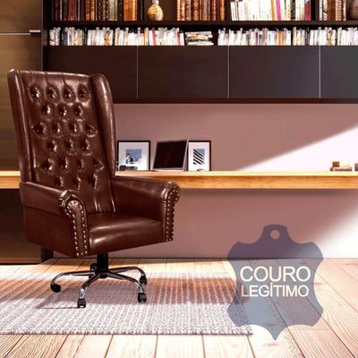 Cadeira De Escritório Giratória Presidente Chesterfield Via  Em Couro Legítimo Marrom