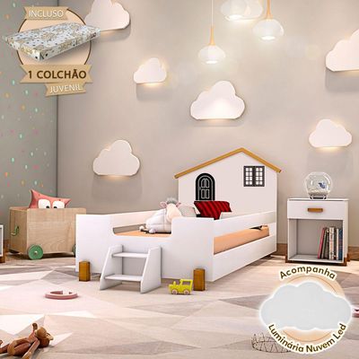 Cama Montessoriana Infantil Juvenil Belissima Preta Branca E Amêndoa + Luminária Led + Colchão - Branco