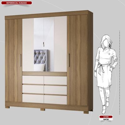 Guarda Roupa Casal 4 Portas Com Espelho E 6 Gavetas Cádis Amêndola Touch-off White