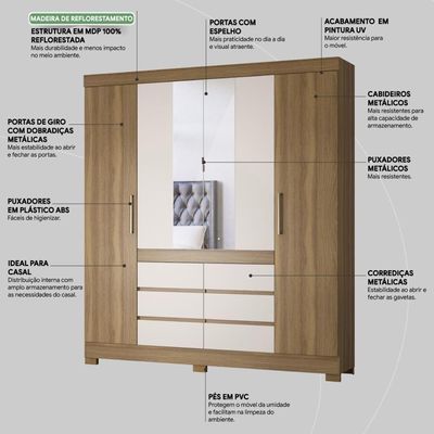 Guarda Roupa Casal 4 Portas Com Espelho E 6 Gavetas Cádis Amêndola Touch-off White