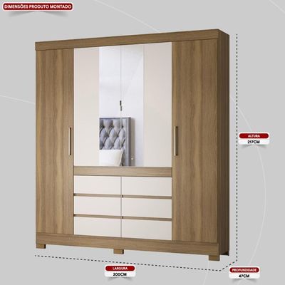 Guarda Roupa Casal 4 Portas Com Espelho E 6 Gavetas Cádis Amêndola Touch-off White