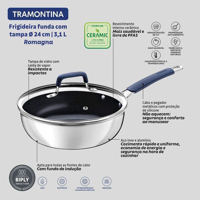 Frigideira Funda Tampa Tramontina Romagna Aço Inox Alumínio Cerâmico Black Stone 24 Cm 3,1 L Tramontina