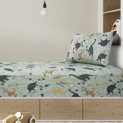 Jogo de Cama Solteiro Portallar Malha Misto Estampado Dino Selva 2 Pçs com Elastico Verde
