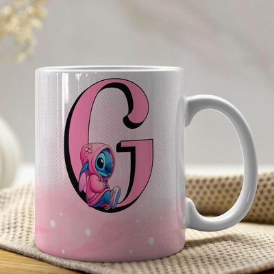 Caneca De Porcelana Stitch Letras A-z 325ml Rosa G