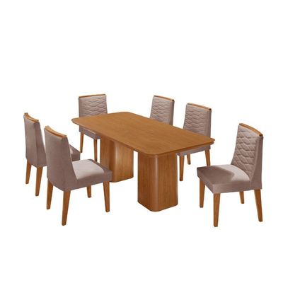 Mesa De Jantar Eloise 180cm Tampo MDF Com 6 Cadeira Moderna Linho Capuccino Naturale