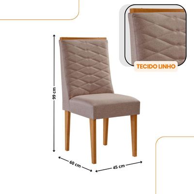Mesa De Jantar Eloise 180cm Tampo MDF Com 6 Cadeira Moderna Linho Capuccino Naturale