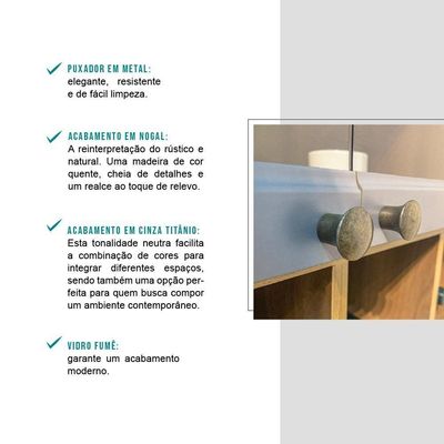 Armário Aéreo Milla Com Portas De Vidro E Nogueira Cinza 120cm Carraro