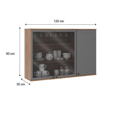 Armário Aéreo Milla Com Portas De Vidro E Nogueira Cinza 120cm Carraro