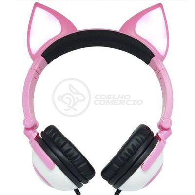 Fone De Ouvido Gatinho Fio Com Led Dobrável Microfone Rosa