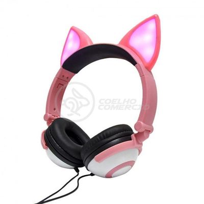 Fone De Ouvido Gatinho Fio Com Led Dobrável Microfone Rosa