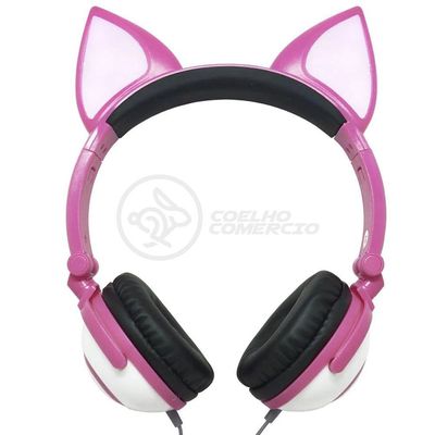 Fone De Ouvido Gatinho Fio Com Led Dobrável Microfone Rosa