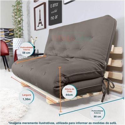 Sofa Cama Casal Futon Oriental Cinza Com Madeira Maciça