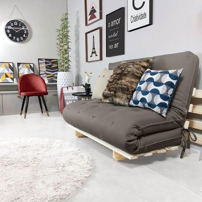 Sofa Cama Casal Futon Oriental Cinza Com Madeira Maciça