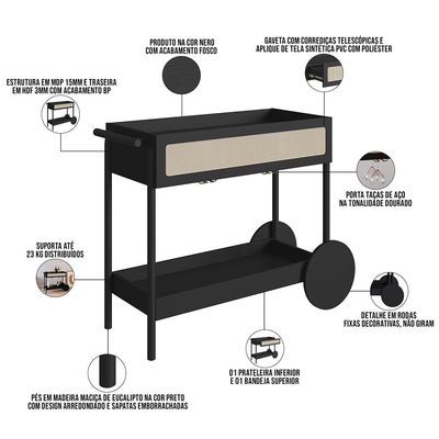 Carrinho Bar Com Porta Taças Pés Madeira Moss A03 Nero Preto - Lyam Decor