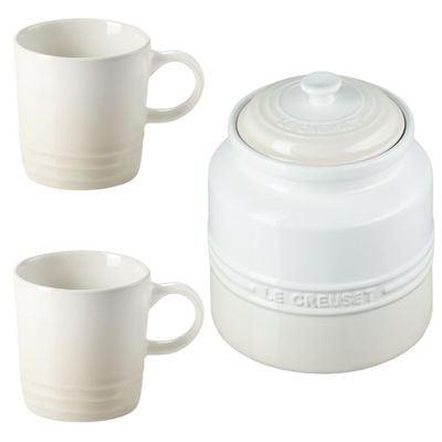 KIT LE CREUSET 2 CANECAS 350ML E POTE DE BISCOITO EM CERÂMICA MERINGUE