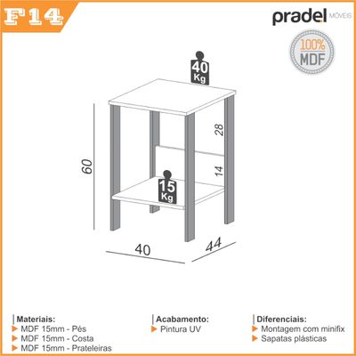 Mesa Auxiliar em MDF 40 x 44 x 60 cm Freijó/Preto Fosco Dalla Costa F14