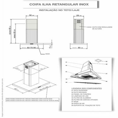 Coifa Ilha Retangular 90Cm 3 Velocidades Inox Inox 110V 110V