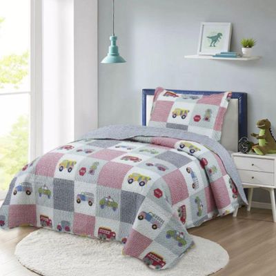 Kit Cobre Leito Colcha Magic Solteiro Infantil 2 Peças Microfibra 180 Fios Carros Patchwork 100% Poliéster