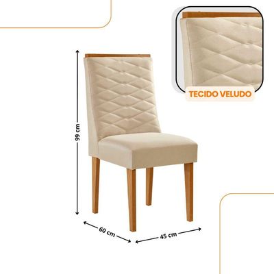 Mesa De Jantar Eloise 180cm Tampo MDF Com 6 Cadeira Moderna Veludo Creme Naturale