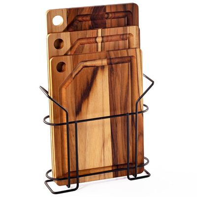 Kit 3 Tábuas De Corte Madeira Teca Com Suporte Aramado De Metal Preto Stolf