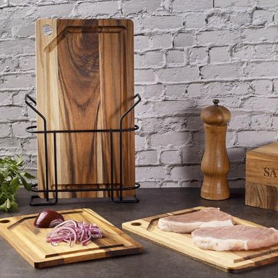 Kit 3 Tábuas De Corte Madeira Teca Com Suporte Aramado De Metal Preto Stolf