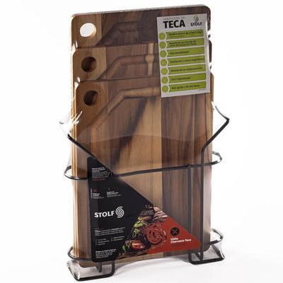 Kit 3 Tábuas De Corte Madeira Teca Com Suporte Aramado De Metal Preto Stolf
