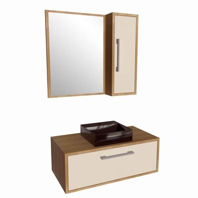 Gabinete 80cm Alice Mel Arenas com Espelheira e Cuba Preta Em Mármore Sintético Armário Suspenso com 1 Porta