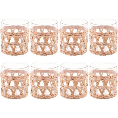 Conjunto 8 Copos Baixos de Vidro Wolff com Sisal 320ml Decorados Fibra Natural Rústicos