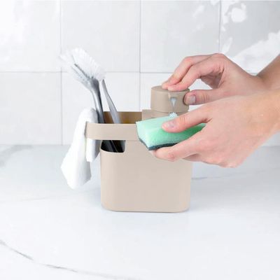 Dispenser De Detergente 650ml Organizador De Pia Porta Detergente E Esponja OU Bege