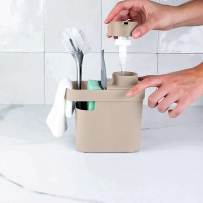 Dispenser De Detergente 650ml Organizador De Pia Porta Detergente E Esponja OU Bege