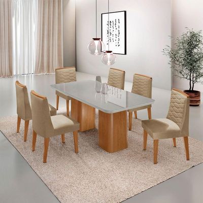 Mesa De Jantar Eloise Tampo MDF Vidro Com 6 Cadeiras Moderna Turim Off White Naturale